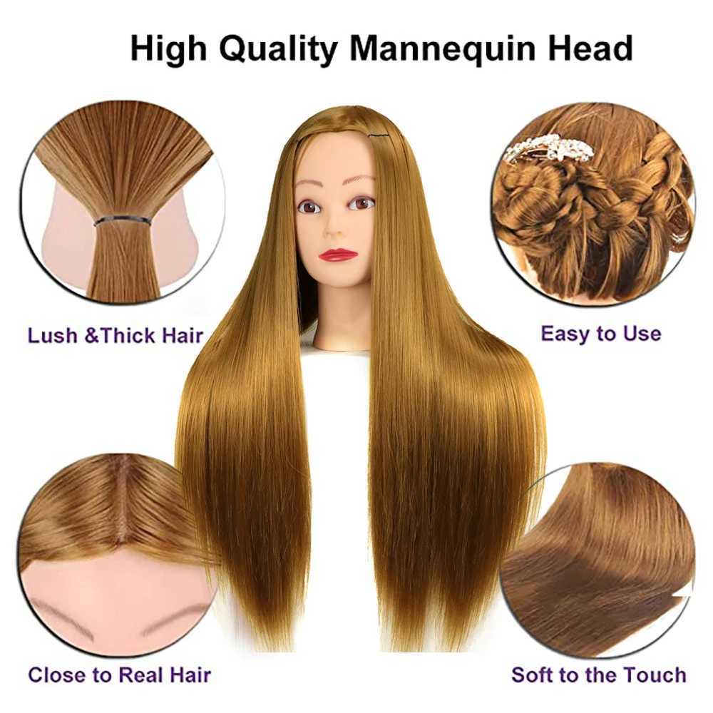 Mannequin Heads 100% höghögtemperatur Fiber Hair Human Model Head 65cm Brud Frisyr Training Wig With Stand Cosmetic Doll Q240510