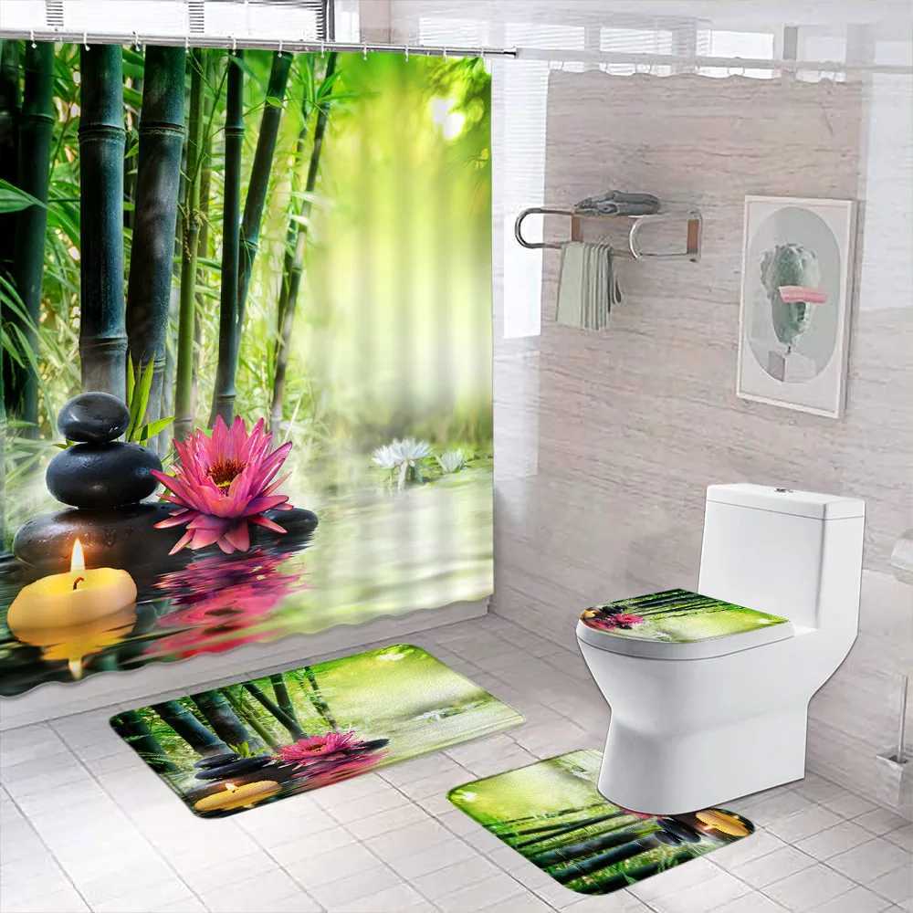 Rideaux de douche 3d vert bambou fleur galet de salle de bain imprimé rideau de douche verte pantalon de salle de bain paysage rideaux de bain de bain non glissant couvercle
