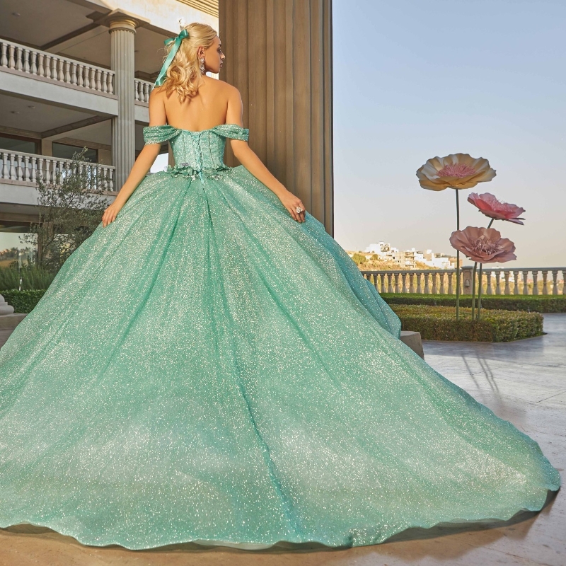 Green Shiny Off The Shoulder Quinceanera Prom Dresses Princess Applique Flower Glitter Sweet 16 Dress Vestidos De 15 Anos
