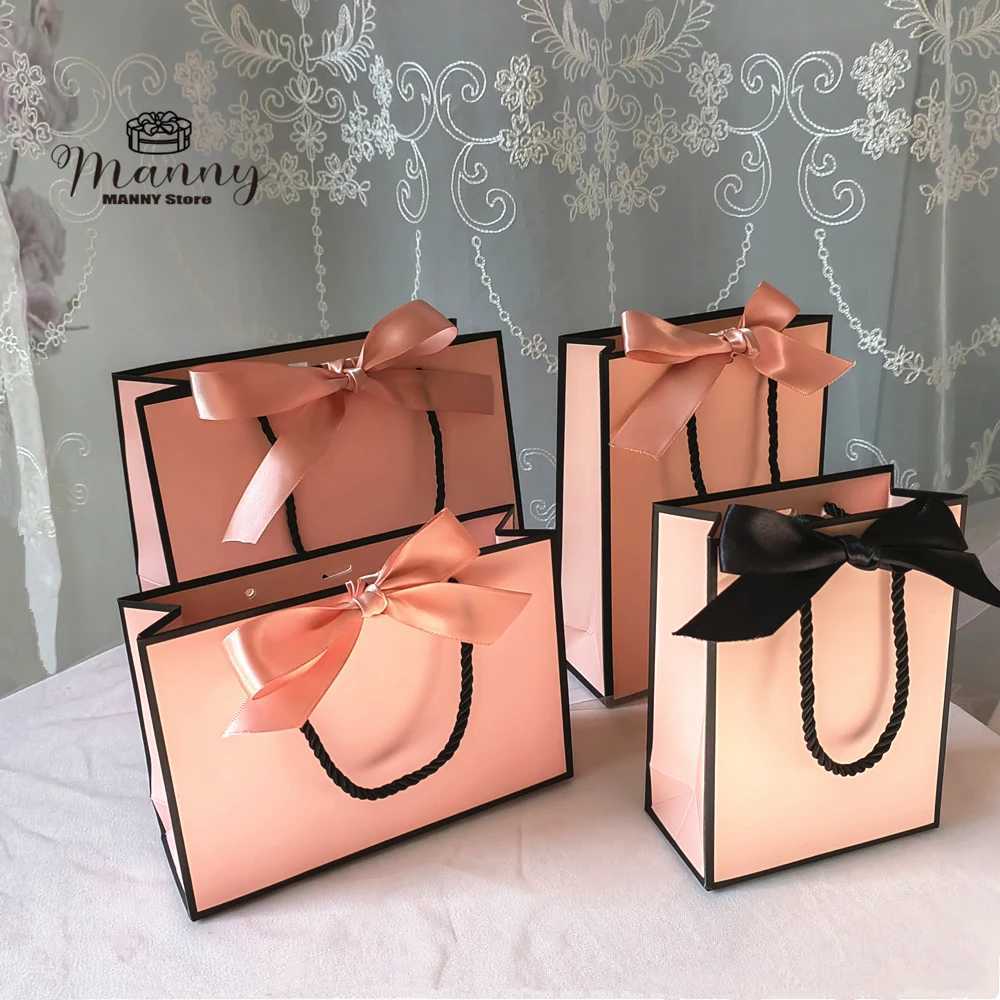 Gift Wrap Bag Packaging Box Bride Wedding Decoration Pink Kraft Paper Party Baby Shower Book Belt Handle RibbonQ240511