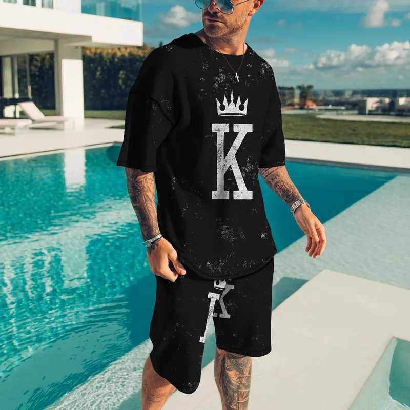 Męskie dresy letnie męskie sukienka dwuczęściowa dwuczęściowa retro Casual Street Clothing 3D Printed Beach T-shirt i szorty Q2405010