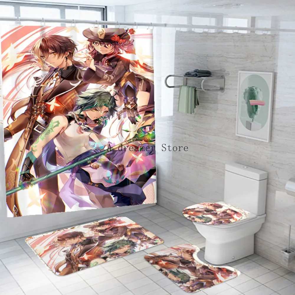 Rideaux de douche rideau de douche de douche genshin impact 3d imprimer du tapis de bain ensemble dessin animé kawaii zhongli baignoire rideau anime salle de bain gamin gamin