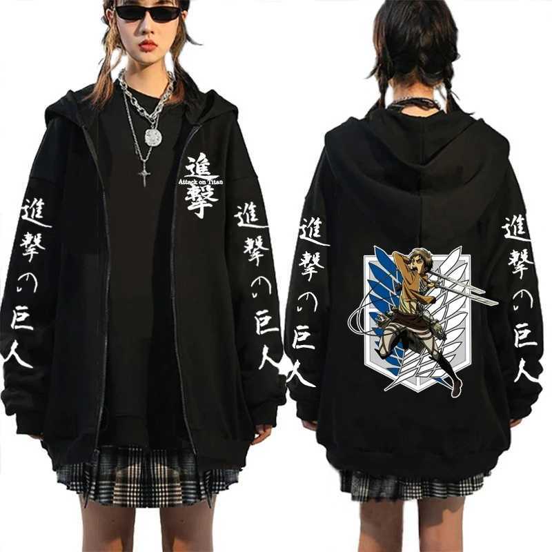 Capuz de moletons de moletons masculinos Ataque no titan anime plus size zipper capuz shingeki no kyojin yeager erren imprimido macho masculino moletons moletons zíper t240510