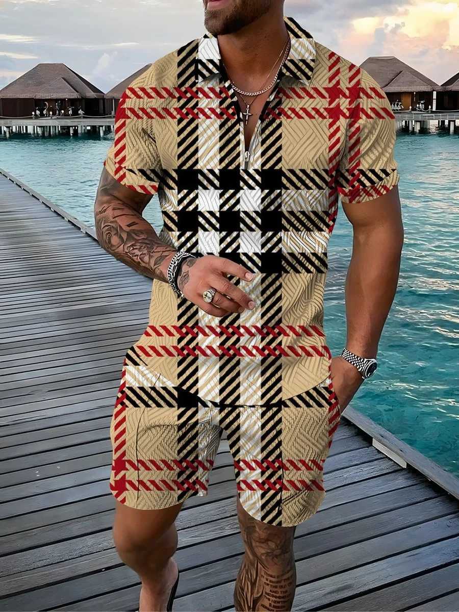 Herrspårsugnar Vintage 3D -tryck Men Polo -skjortor 2st Set Dragkedja LAPEL SETS COLLAR+SHORTS Hawaii Holiday Style Casual Man Clothing Q240501010