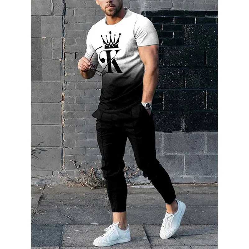 T-shirt masculino de camisetas masculinas com letra K 3D Pontas de impressão rastreando calças 2 peças de roupas de rua de tamanho esportivo de tamanho grande Q2405010