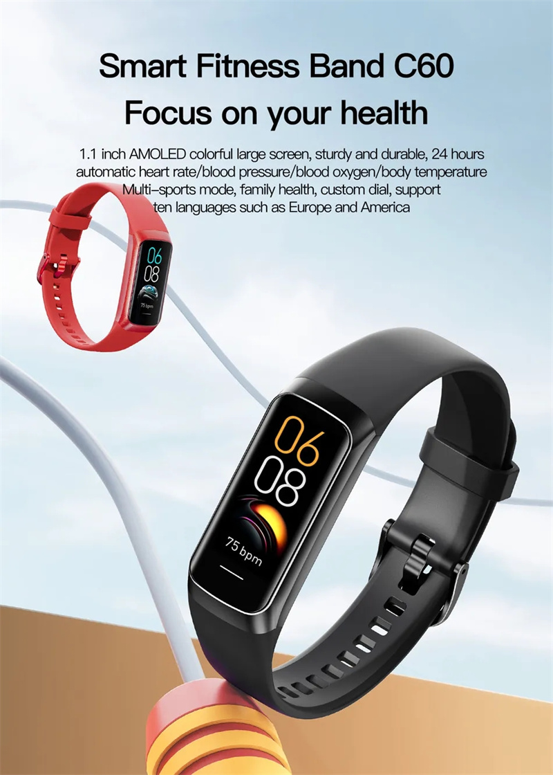 C60 SMART BAND 1,1 tum AMOLED Touch Screen Heart Rate Blodtryck Syre Body Temperatur Sport Fitness Smart Armband