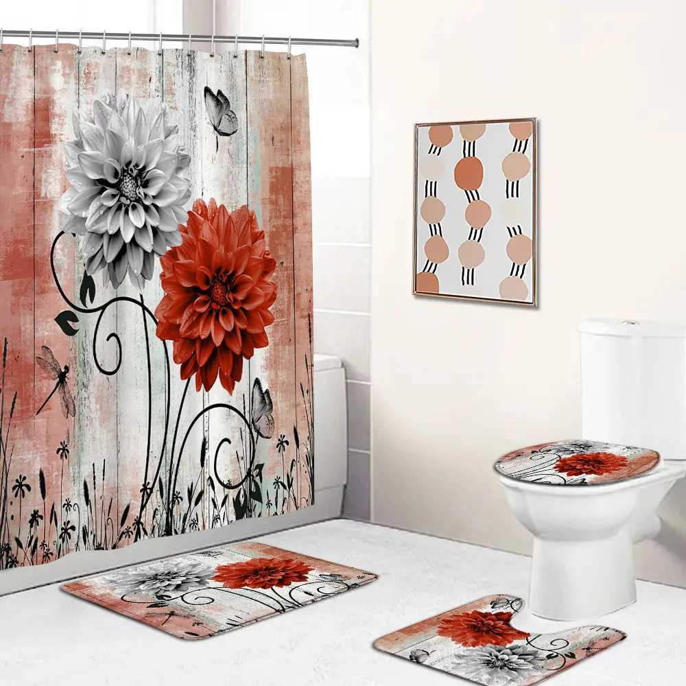 Zasłony prysznicowe kwiaty stokrotka Zestaw zasłony prysznicowej bez poślizgu kwiatowy drewniana mata drewniana deska Domowy dywan dekoracje łazienki okładka pokrywka