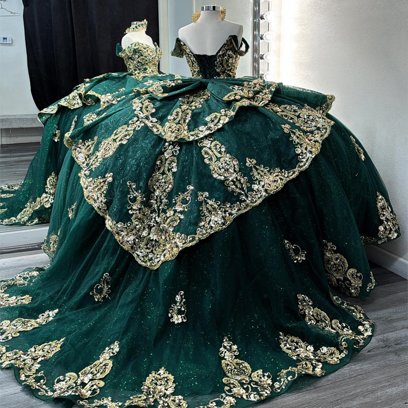 Emerald Green glanzende quinceanera jurk baljurk goud kanten applique kralen verjaardagsfeestje korset sweet 16 vestidos de 15 anos