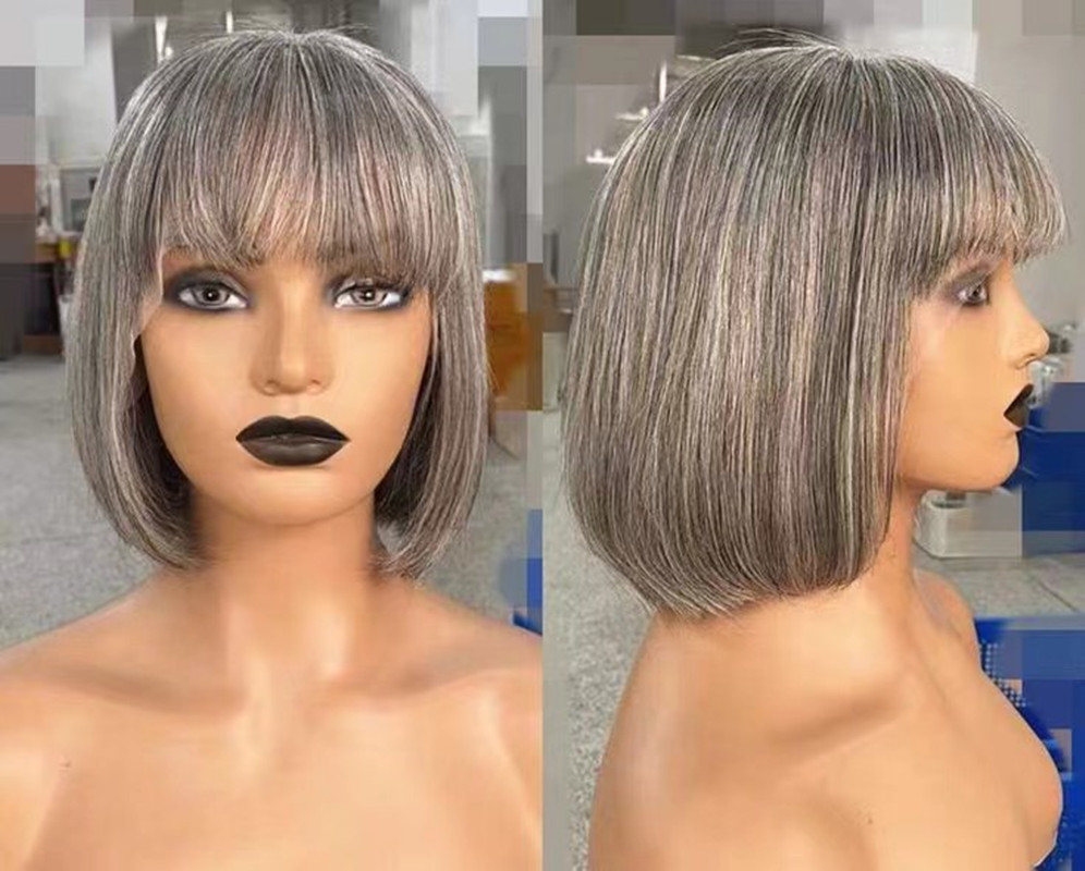Серый боб прямые человеческие парики волос для чернокожих женщин HD соль и перцем