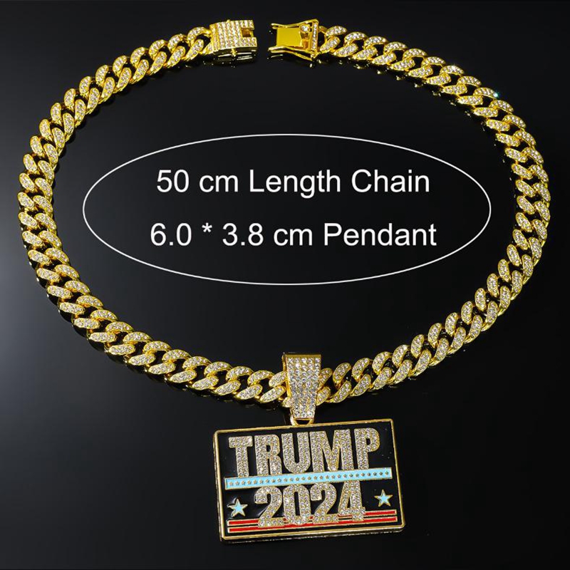 Kreativer Trump 2024 Full Diamond Fashion Persönlichkeit Anhänger Kubanische Ketten Halskette Party Gunst