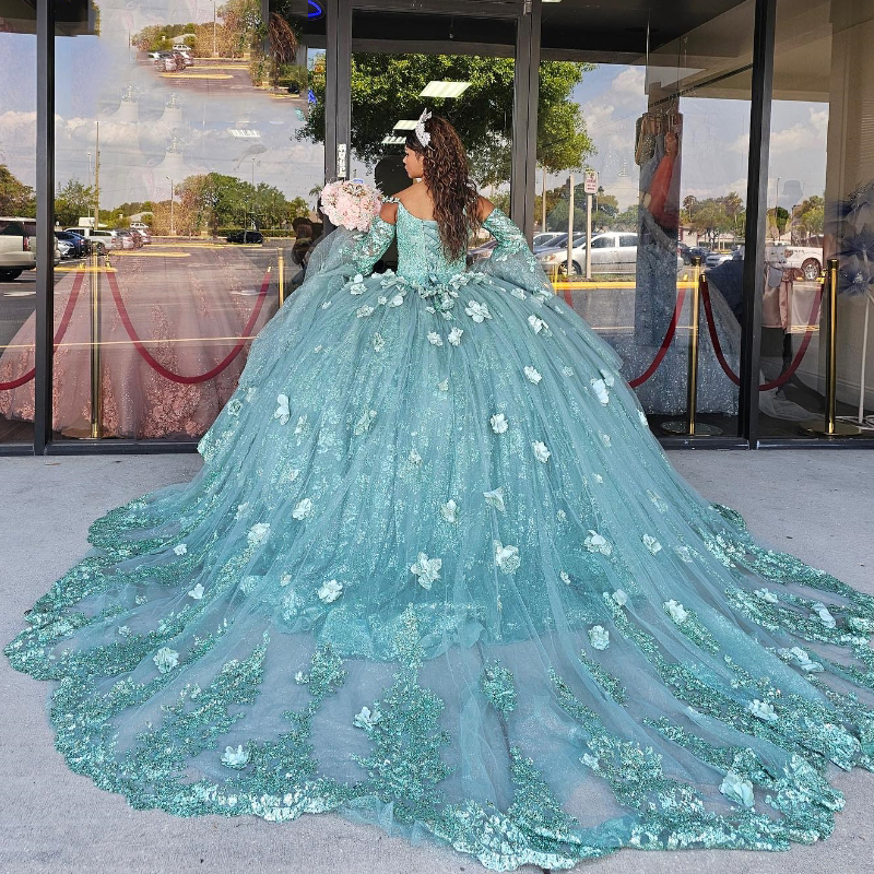 Mint zielony błyszcząca księżniczka quinceanera sukienka panna młoda szata kulowa suknia kwiatowa aplikacje koronkowe sukienki ślubne tull vestidos 15 de novia