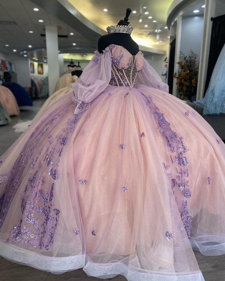 Новый стиль из бисера-кристаллов аппликации пухлые шариковые платья Quinceanera платья с длиной до плеч с полными рукавами вечерние платья.