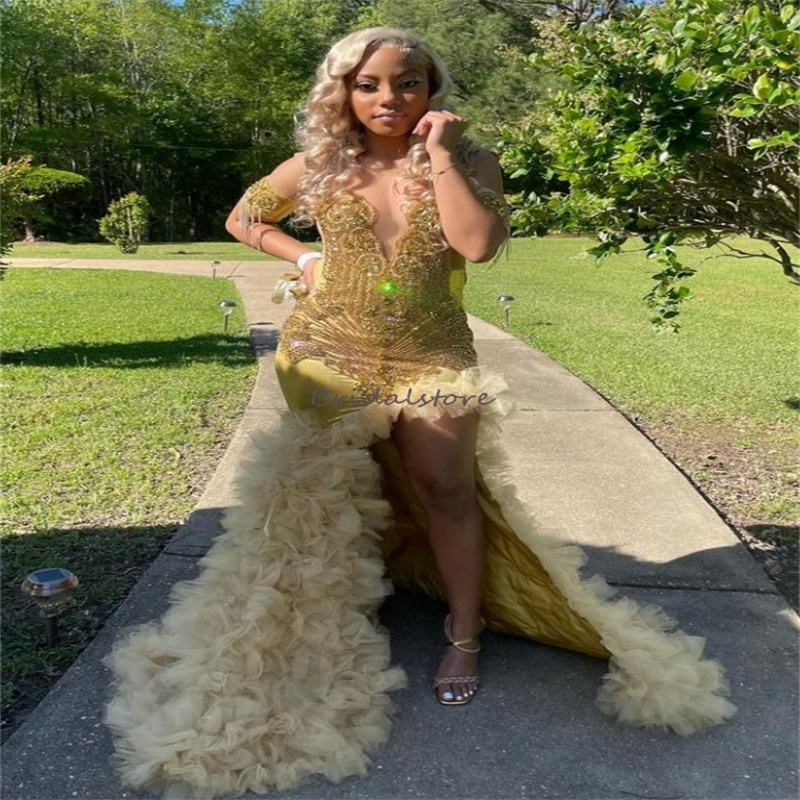 Gold Mermiade Luxury Robes de bal 2024 Plus taille haute fente Black Femmes Robe de soirée Diamond Crystal Robe d'anniversaire Gagniporté de Dance Dance Robe formelle Aso Ebi