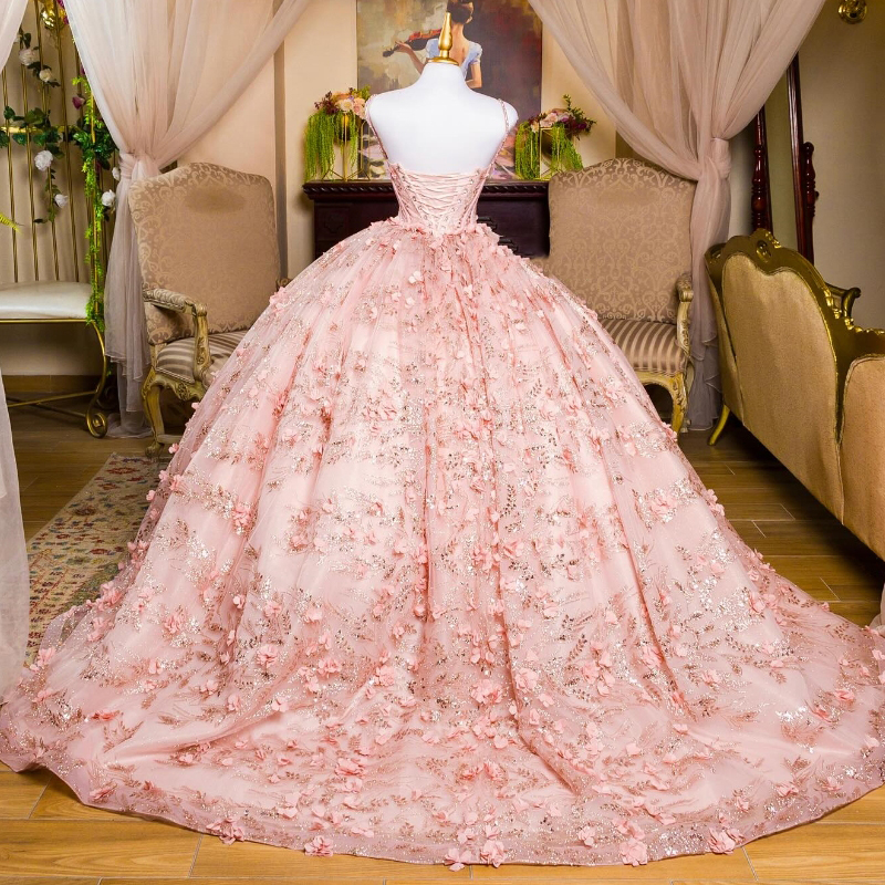 Roze glanzende prinses Quinceanera Dresses Ball Jurk van de schouder 3d Bloemen Lace kralen Tull Corset Sweet 15 Vestidos de XV Anos