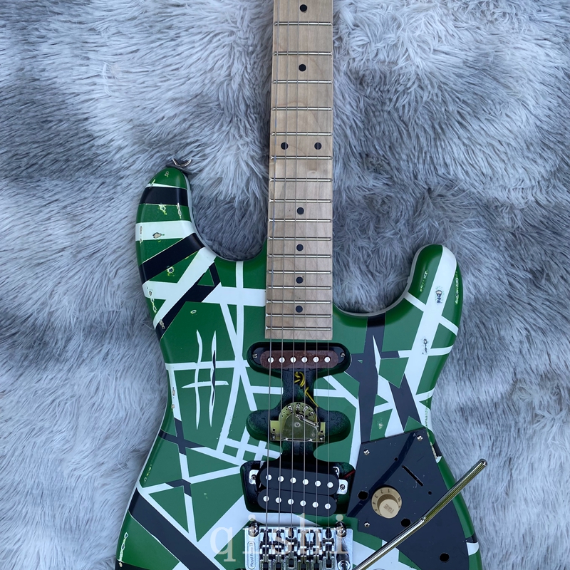 En stock Edward Eddie van Halen Relilic Heavy Green Franken 5150 Electric Guita Floyd Rose Tremolo Bridge Pickup incliné Real Reflector Frankenstein Guitare