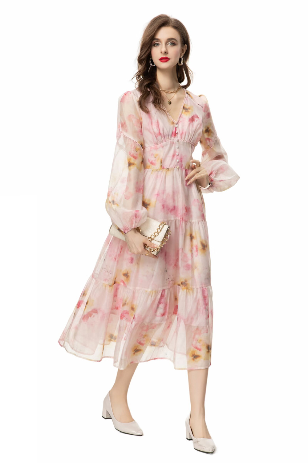 409 XXL 2024 Milan Runway Dress Spring Summer Summer Long Sleeve Pink Yellow Brand نفس نمط الفستان النسائي فستان عالي الجودة