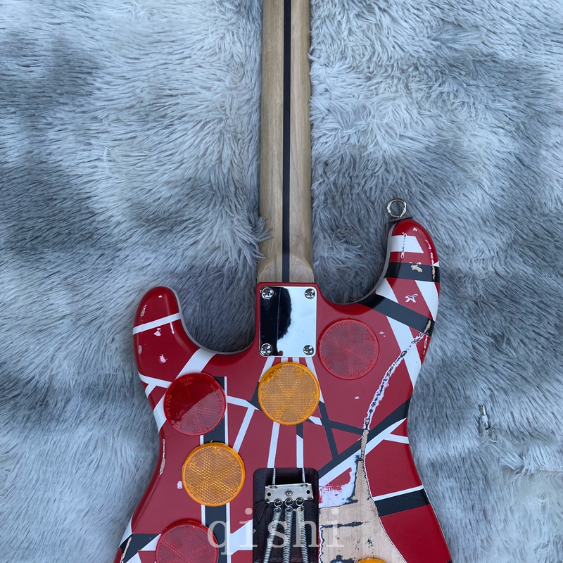 in stock Electric Guitar Edward Eddie Van Halen Black White Stripe Red Heavy Relic Maple Neck, Frankenstein frankenstrat Tribute real reflector