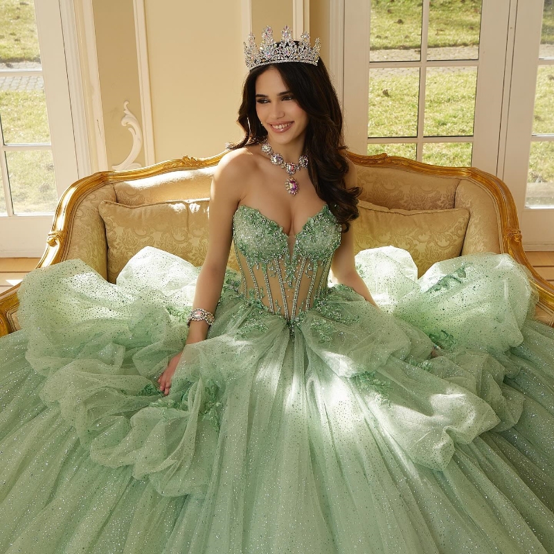 Sage Green Shiny Ball Gown Quinceanera Dresses 2024 Classic Applique Lace Beads Tull Sweet 16 Dress Corset Vestidos De 15