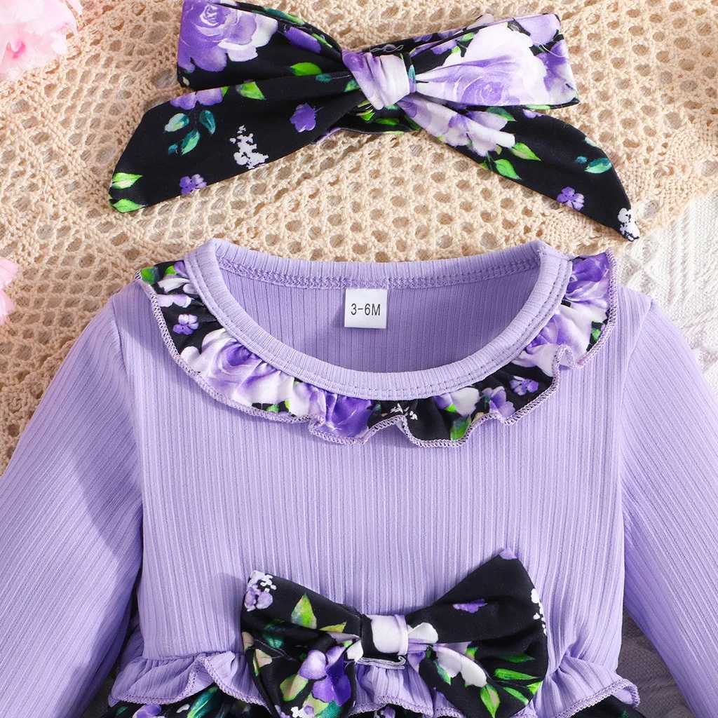 Robes de fille Robe pour enfants 3 à 24 mois manches longues à manches longues à volants mignons de floral princesse formelle robe violette nouveau-né girll240513