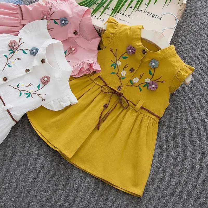 Robes de fille 1-4t fille mignonne robe douce manches d'été robe gratuite coton mode manches volantes robe princesse fleur brodée