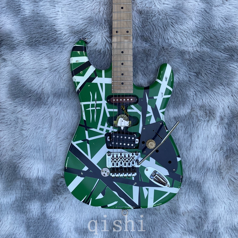 En stock Edward Eddie van Halen Relilic Heavy Green Franken 5150 Electric Guita Floyd Rose Tremolo Bridge Pickup incliné Real Reflector Frankenstein Guitare