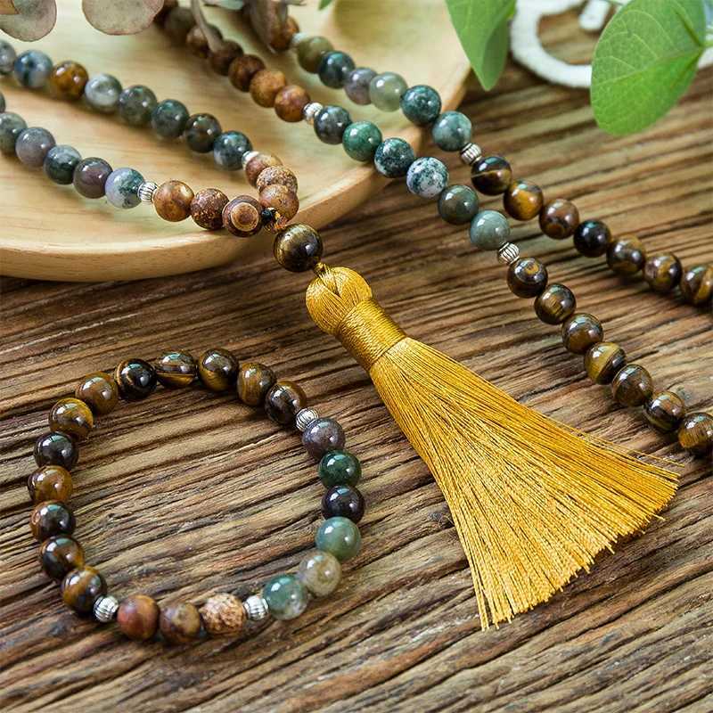 Collane di perline 8mm giallo naturale tigre occhio indiano albero di agata agata 108 japa mala collana meditazione yoga xizang set di gioielli d240514