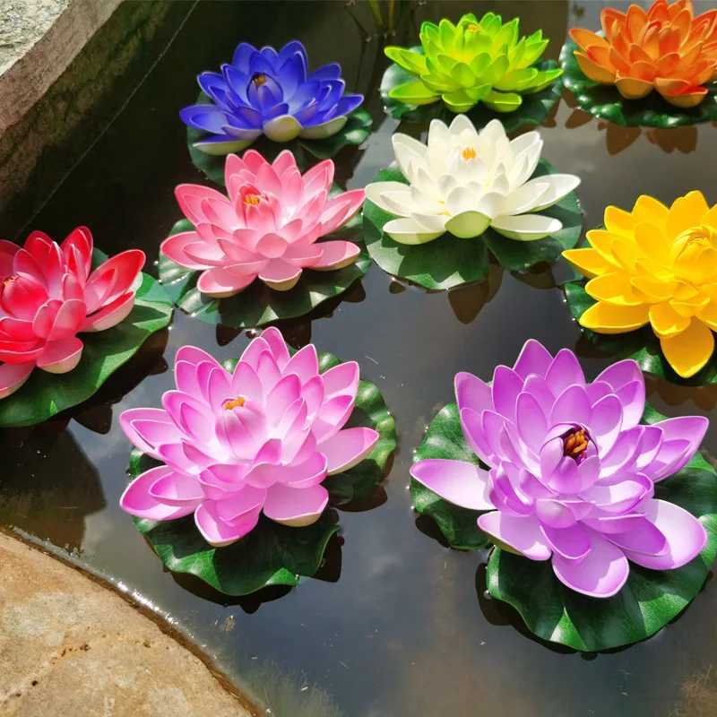 Decorative Flowers Wreaths 17cm Lotus Artificial Flower Floating Fake Lotus Plant Lifelike Water Lily Micro Landscape for Pond Garden Decor