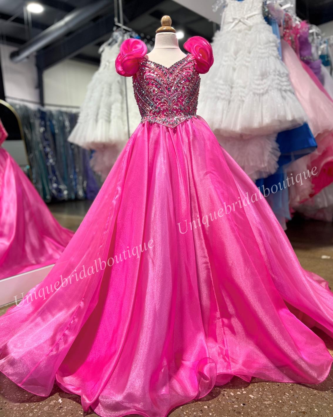 Hot Pink Girl Pageant Dress Teens Metallic Organza Little Kid Princess Birthday Formal Party Gown Toddler Preteens Tiny Young Junior Miss Flower Mint Ruffle Sleeves