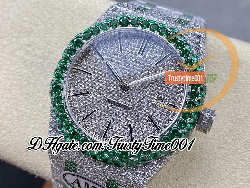 AMG 15400 A3120 Automatic Mens Watch Green Big Diamond Diamond Pavied Diamonds Diamants Stick Markers Bracelet Two Tone Super Edition TrustyTime001 Iced Out Full Watches