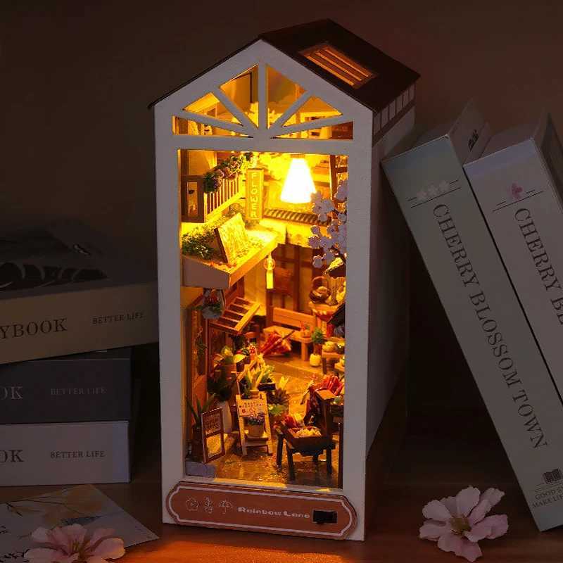 Architecture/DIY House DIY Book Nook Kit Shelf Insert Miniature Doll houses 3D Puzzle Wooden Bookshelf Room Dollhouse Bookend With LED Light Toys Gifts