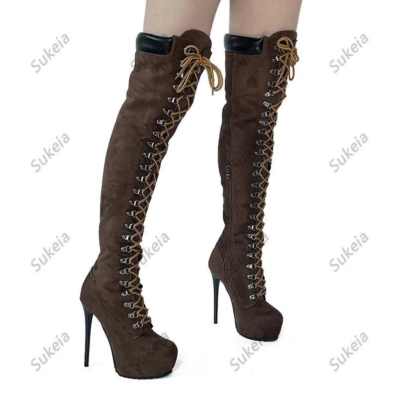 Sukeia Women Over Knee Boots Hidden Platform Zipper Stiletto Heels Round Toe Pretty Dark Brown Party Shoes Ladies US Size 5-20