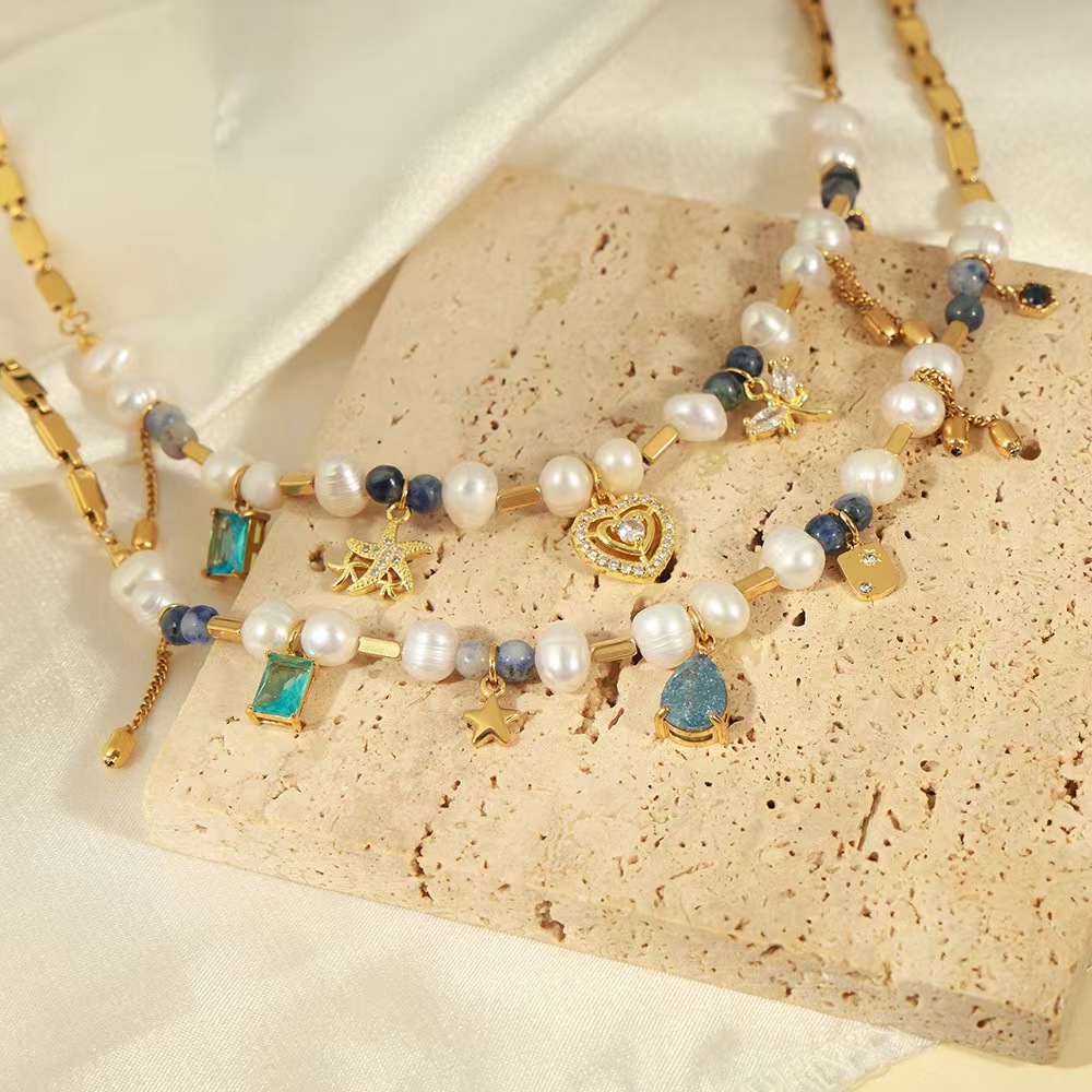 Freshwater pearl titanium pendant necklace for Women natural stone panels handmade