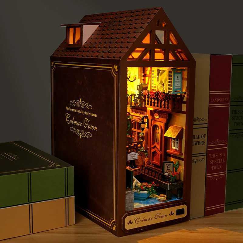 Architecture/DIY House Bookshelf set Doll House Wooden Lighted DIY Book Nook Kit 3D Puzzle Assembly Building Model Bookends Adult Birthday Gifts