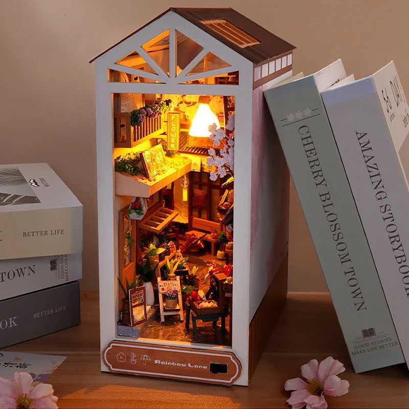 Architecture/DIY House DIY Book Nook Kit Shelf Insert Miniature Doll houses 3D Puzzle Wooden Bookshelf Room Dollhouse Bookend With LED Light Toys Gifts