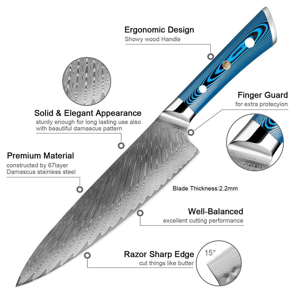 Damasco Knife in acciaio giapponese VG10 Super Steel Acciaio Coperoncini taglienti Cucina a fette di santoku coltelli da bondo