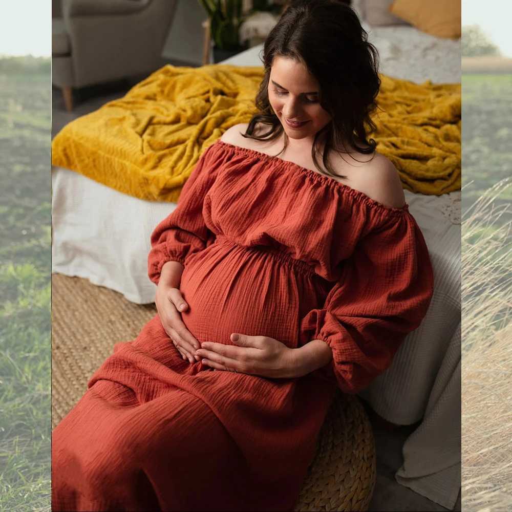 Mutterschaftskleider Bohemian Schwangere Frauen Foto Shooting Kleid bequeme Wäsche Baumwolle ein Schulterkleid Schwangere Frauen böhmische Babyparty Dressl2405