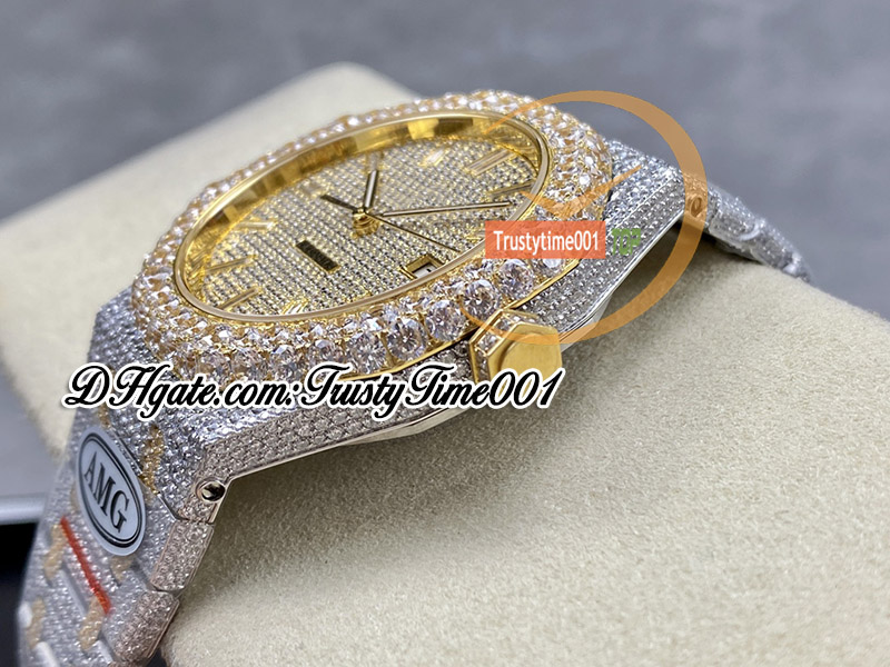 AMG 15400 A3120 Automatic Homme Regardez Big Diamond Diamond Chozel 18k Jaune Gold Paves Diamants Stick Markers Bracelet en acier Super Edition TrustyTime001 Iced Out Montres