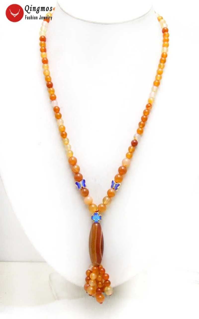 Beaded halsband Qingmos 10 * 42mm olivformad naturlig röd agathänge halsband lämplig för kvinnor med 6 mm orange runda pärlor 22 tum långt halsband D240514