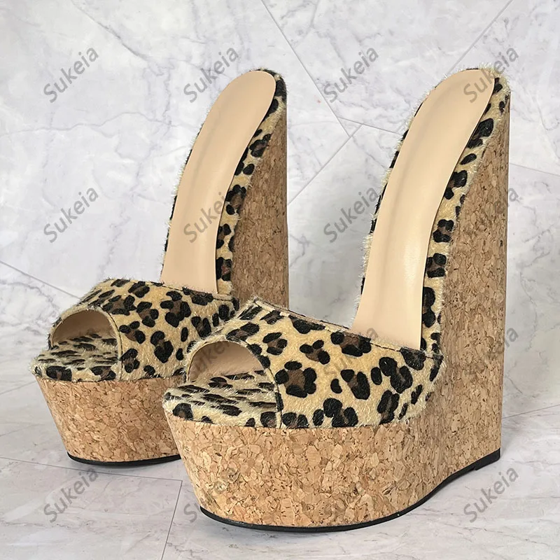 Sukeia handgefertigte Frauen Sommerplattform Mules Sandalen Keile High Heels runden Toe Leopard Party Schuhe Damen US Plus Size 5-15