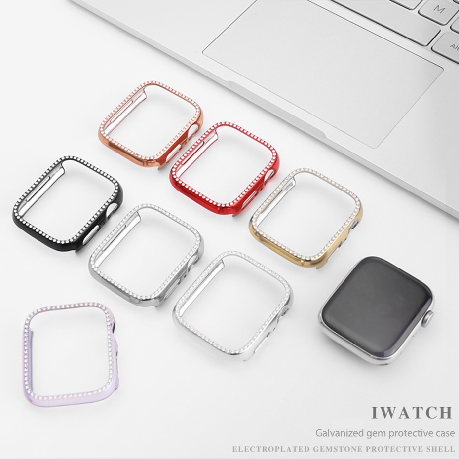 Caixa de relógio de diamante Bling com protetor de tela de vidro para eu assistindo séries 7 6 5 4 3 SE Luxo PC Smart Watch Case