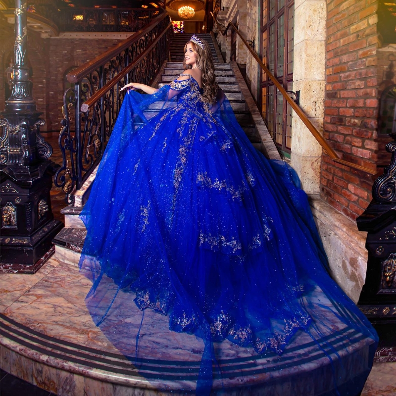 Abiti da quinceanera brillanti blu royal 2024 Appliques in pizzo con paillettes in rilievo Tull Sweet 16 vestito da ballo Vestidos de 15 Anos