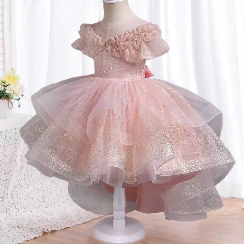 Girl's Dresses 4-12 Year Old Summer Wedding Flower Girl Dress Trailing Sequin Tulle Party Dress Embroidered Elegant Trailing Cake Dress Y240514