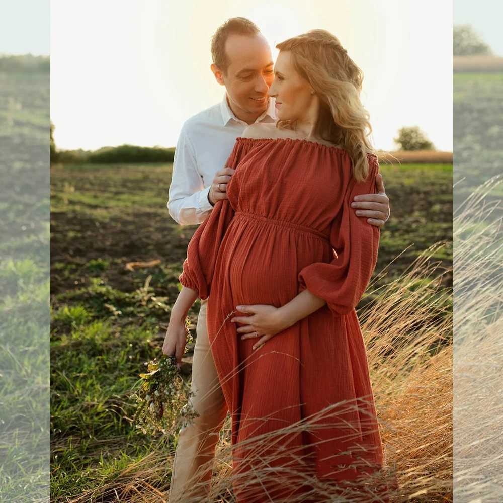 Mutterschaftskleider Bohemian Schwangere Frauen Foto Shooting Kleid bequeme Wäsche Baumwolle ein Schulterkleid Schwangere Frauen böhmische Babyparty Dressl2405