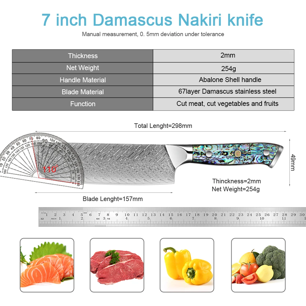 Kockkniv Damascus Pro Extra skarp matlagning Kniv japansk Nakiri Kniv Högkol Superstål Kinesisk liten kök Kniv