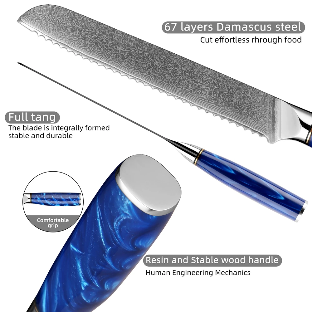 Bread Knife 8 inch Professional Japanese Damascus Steel Blue Resin Handle Ergonomic Pro Kitchen Knife Stain Corrosion Resistant