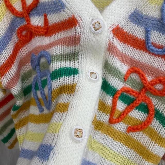 Women rainbow gradient color stripe logo letter embroidery single breasted v-neck loose knitted sweater cardigan SML