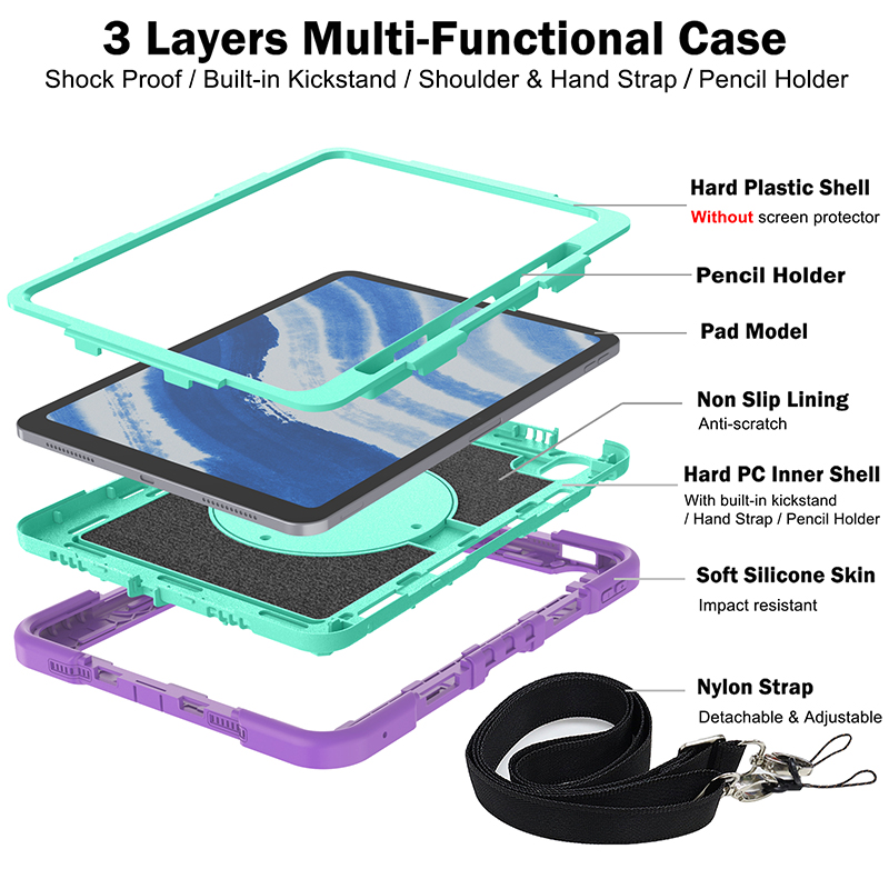 Case de tablette lourde pour iPad Air 11 2024 Case 11 pouces, casse de support rotatif à 360 degrés avec étui en silicone à l'épaule pour Air4 / Air5 / Air6