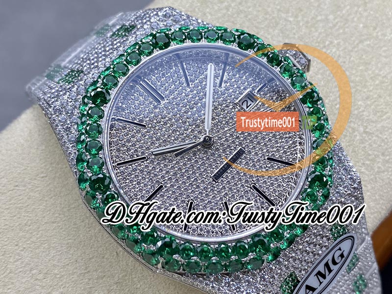 AMG 15400 A3120 Automatic Mens Watch Green Big Diamond Diamond Pavied Diamonds Diamants Stick Markers Bracelet Two Tone Super Edition TrustyTime001 Iced Out Full Watches