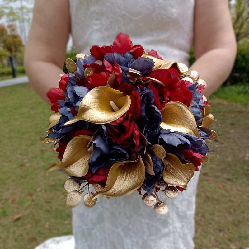 Red roses, purple roses, golden calla lily combination wedding bouquet