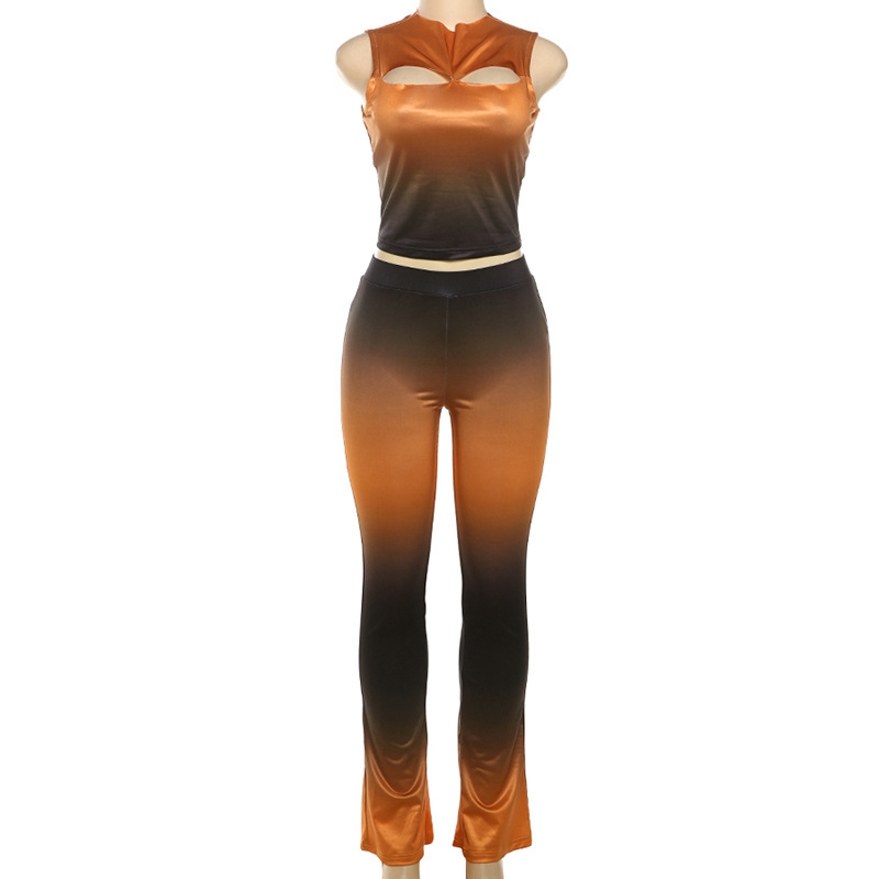 STYLISH LADY Gradient Color Set Women Cut Out Sleeveless Crop Top and Skinny Pant Suits 2024 Summer Sexy Club Outfits
